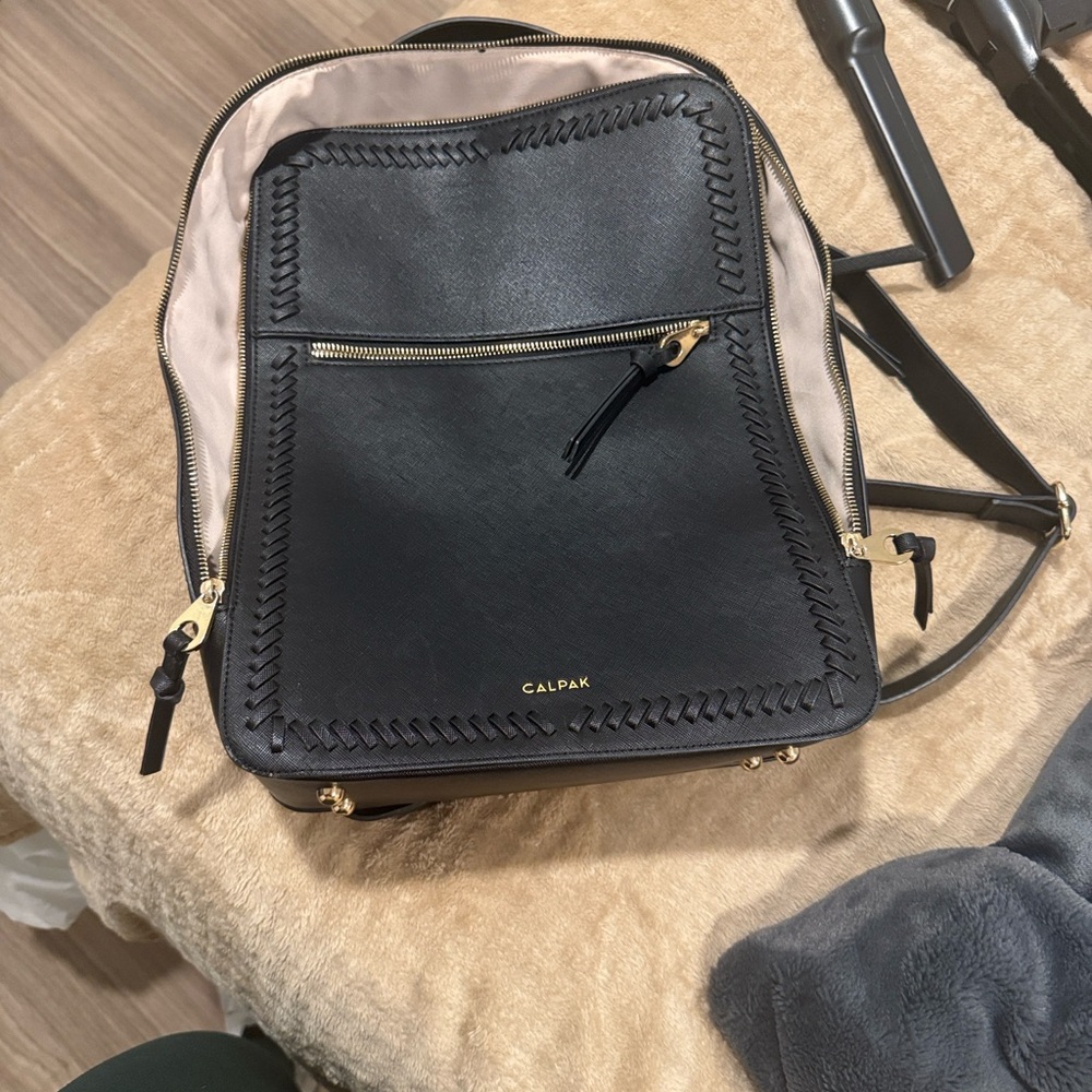 Calpak Black and Cream Woven-Trim Backpack